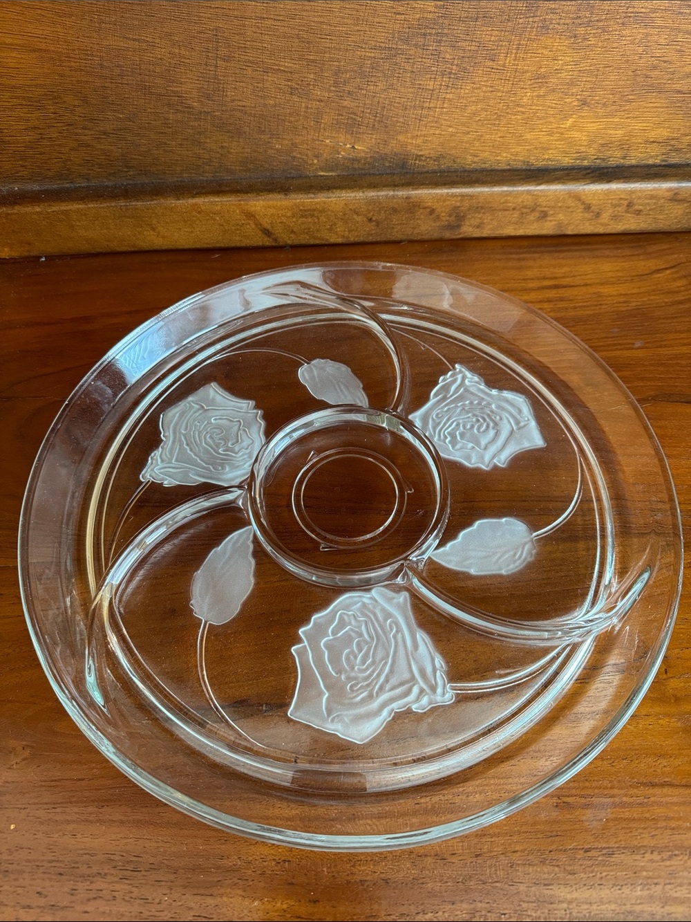 Indiana Glass Pressed Frosted Rose Divided  13” Appetizer Tray